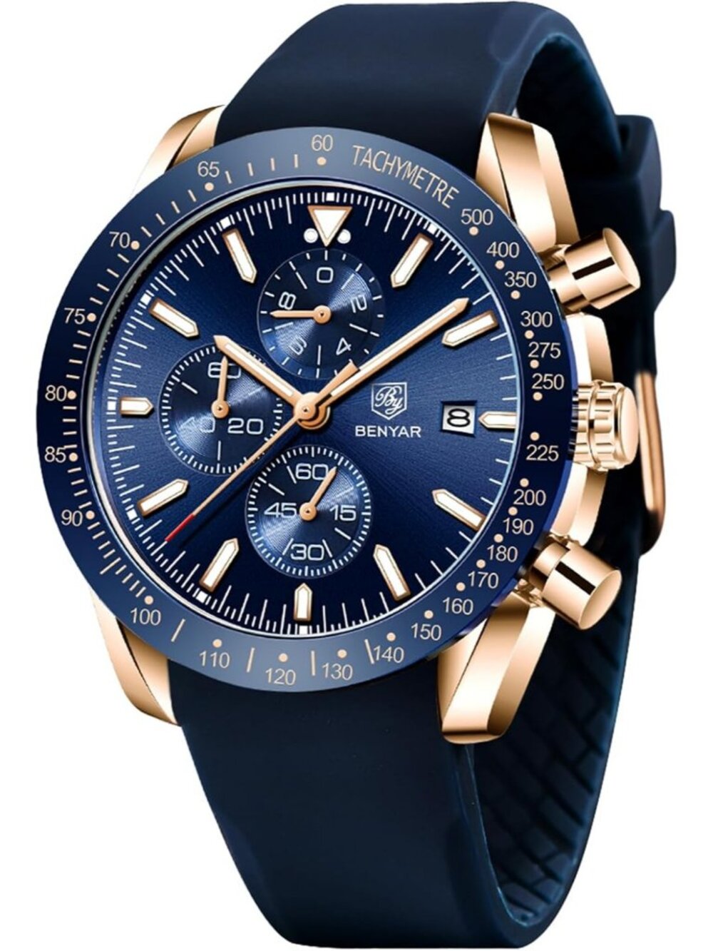 Men's Gold Blue Chronograph Analog Quartz Silicone Strap Casual Wrist Watch